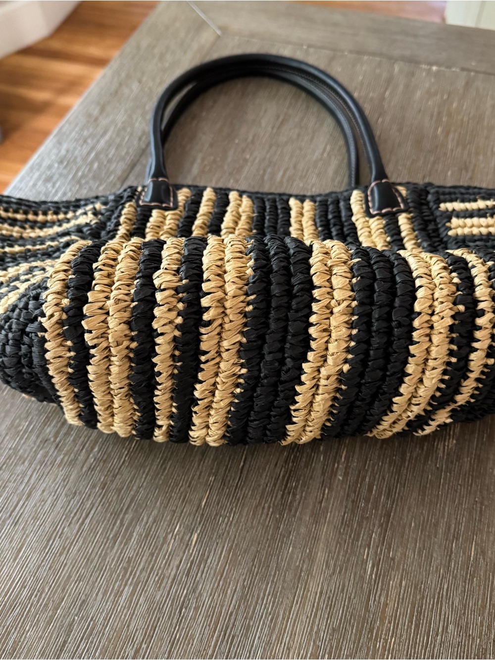 Madewell Black & Tan Striped Woven Tote with Leather Handles - Picture 3 of 6